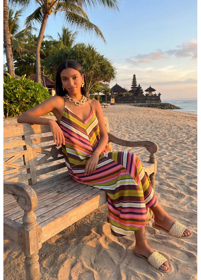Multi-stripe print satin dress with thin straps