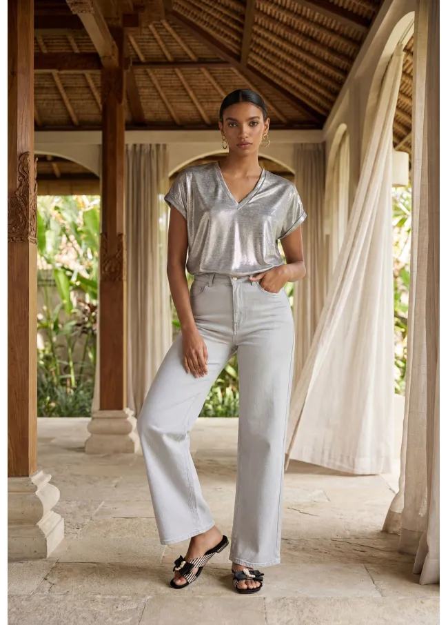Long straight fit washed effect jeans with rhinestones