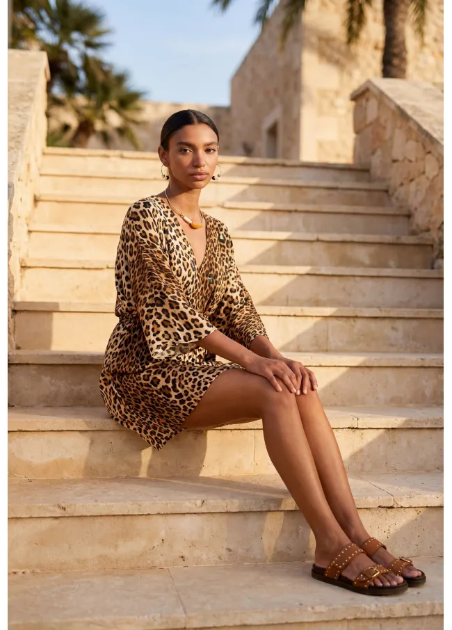 Short animal print dress with wide sleeves