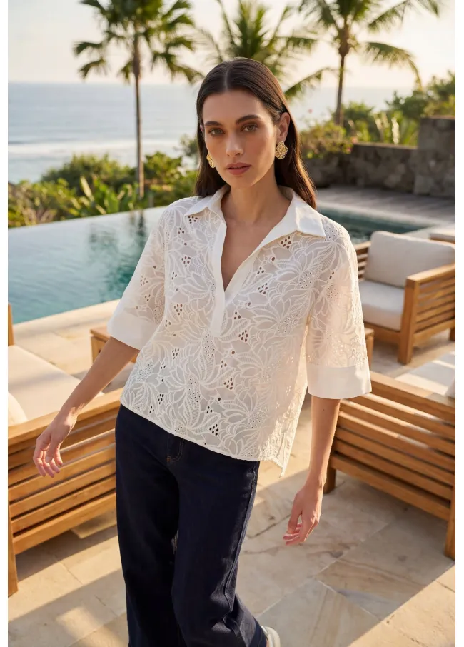 Polo-neck cotton short sleeved oversized shirt