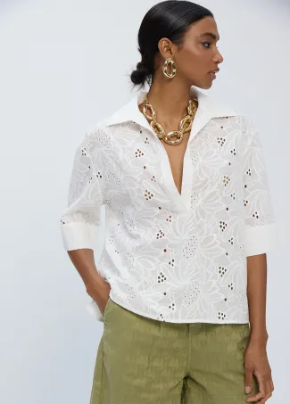 Polo-neck cotton short sleeved oversized shirt