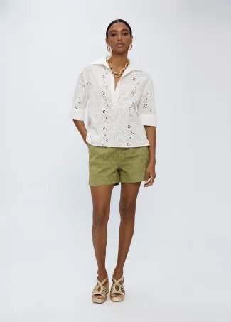 Polo-neck cotton short sleeved oversized shirt