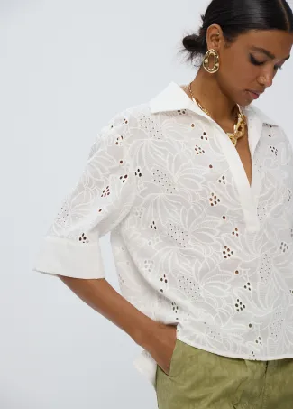 Polo-neck cotton short sleeved oversized shirt