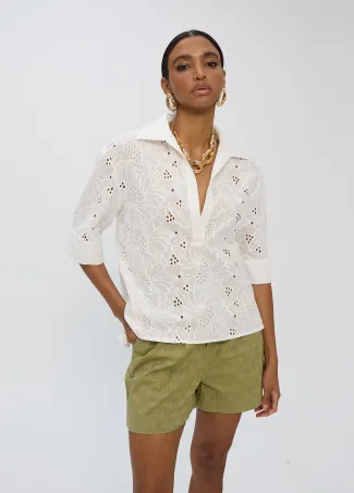 Polo-neck cotton short sleeved oversized shirt
