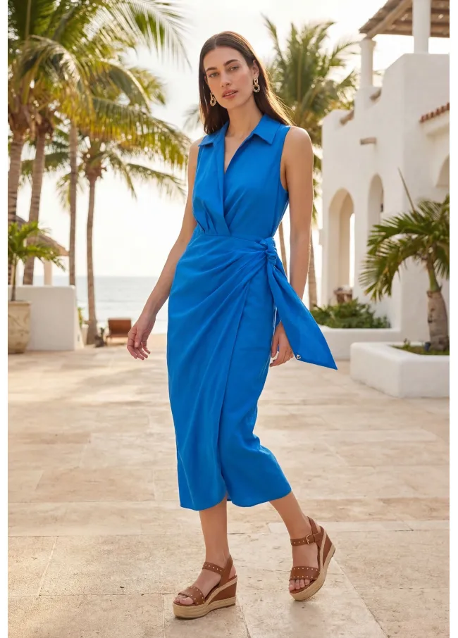Linen dress with shirt collar and side knot