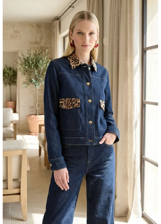Short denim jacket with leopard details on neck...