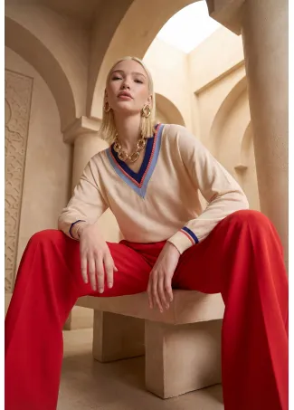 Jersey cuello pico a contraste y detalle trenza