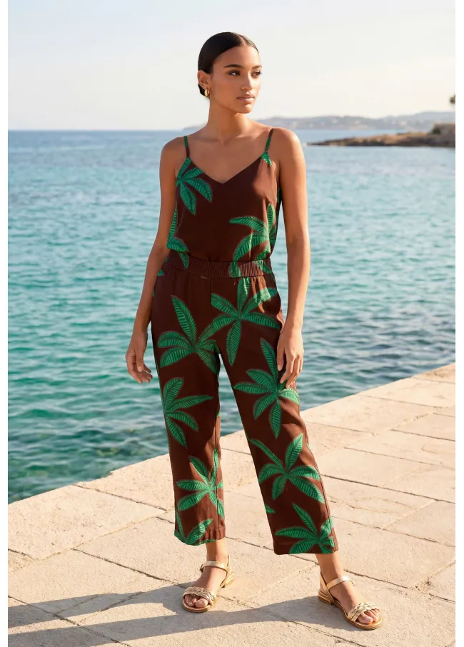 Pantalon fondo marron palmeras