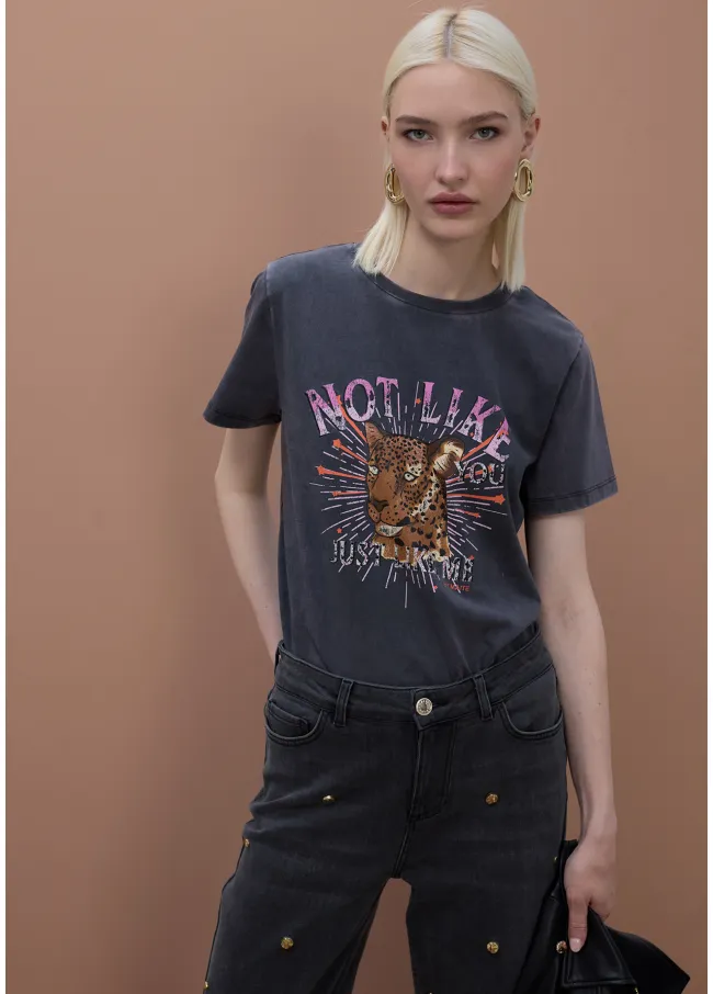 Washed Effect Positional Print T-Shirt