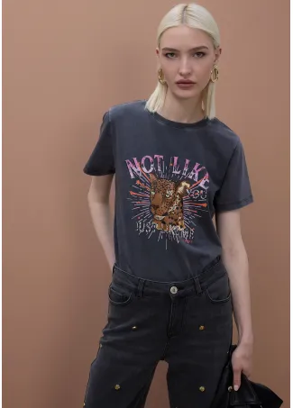 Washed Effect Positional Print T-Shirt