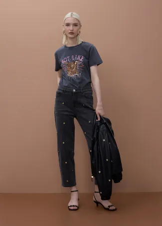 Washed Effect Positional Print T-Shirt