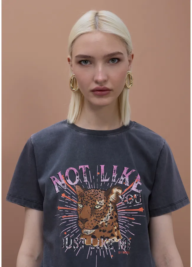 Washed Effect Positional Print T-Shirt