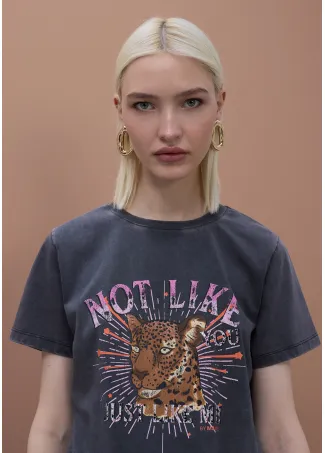 Washed Effect Positional Print T-Shirt