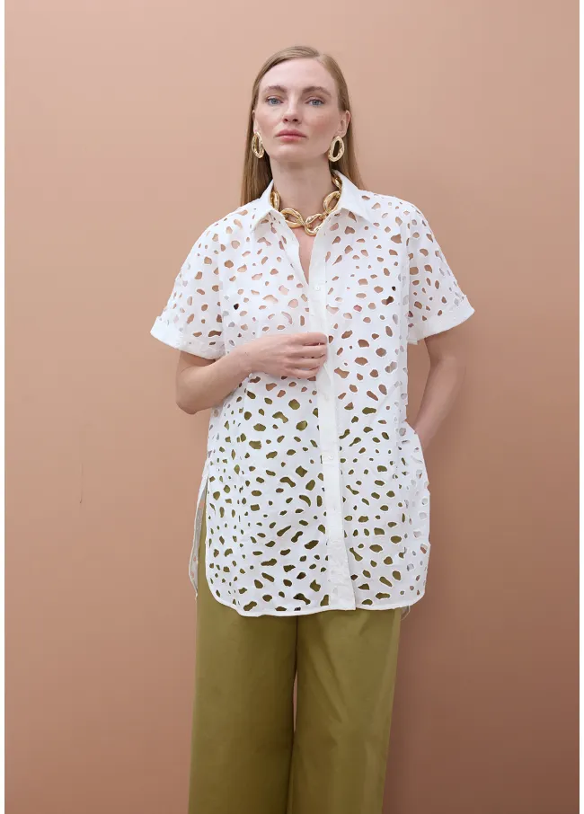 Oversized short sleeved shirt with perforated detailing