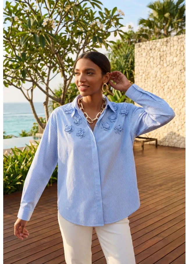 Striped Poplin Shirt with Shoulder Flowers