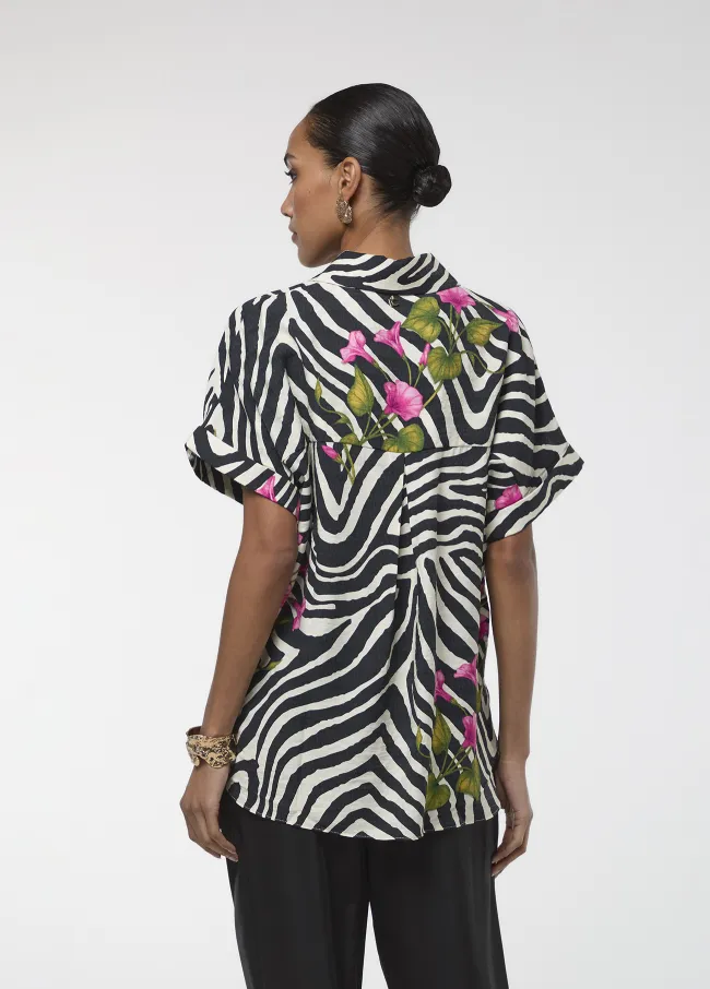 Short-sleeve zebra and floral print shirt