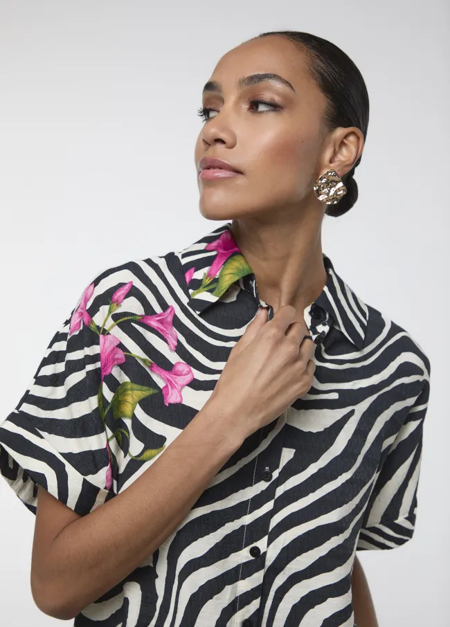 Short-sleeve zebra and floral print shirt
