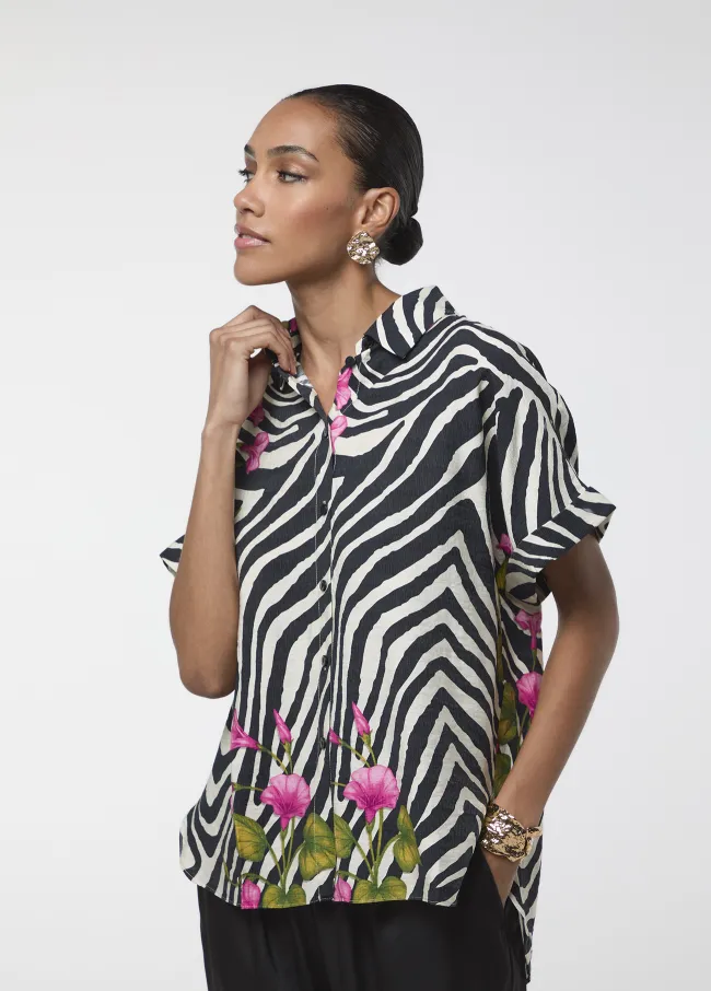 Short-sleeve zebra and floral print shirt