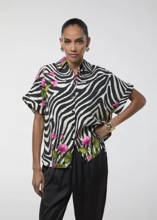 Short-sleeve zebra and floral print shirt