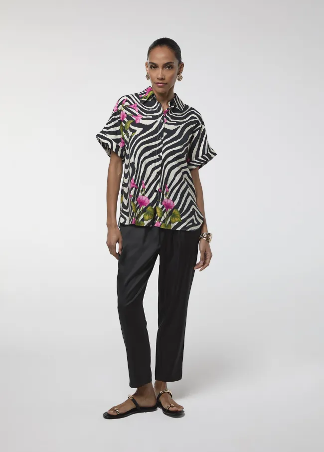 Short-sleeve zebra and floral print shirt