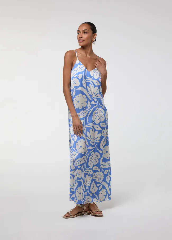 Blue printed satin spaghetti-strap dress