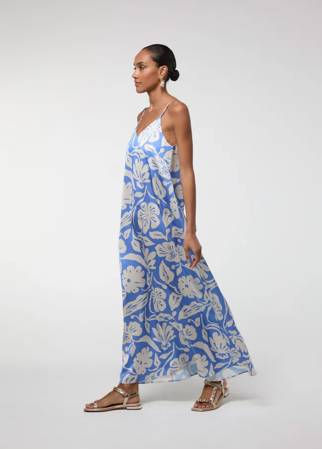 Blue printed satin spaghetti-strap dress