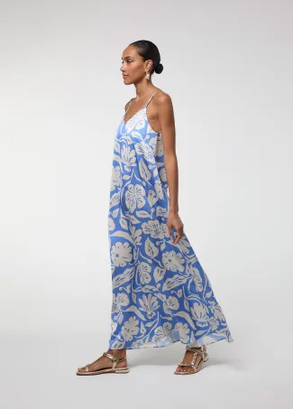 Blue printed satin spaghetti-strap dress