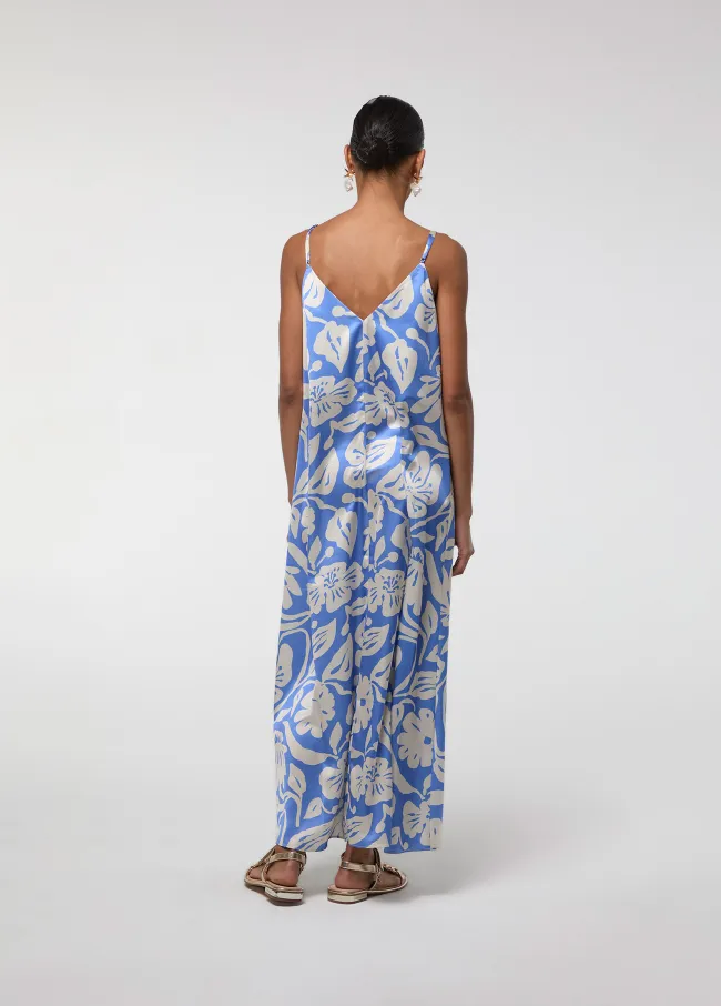 Blue printed satin spaghetti-strap dress