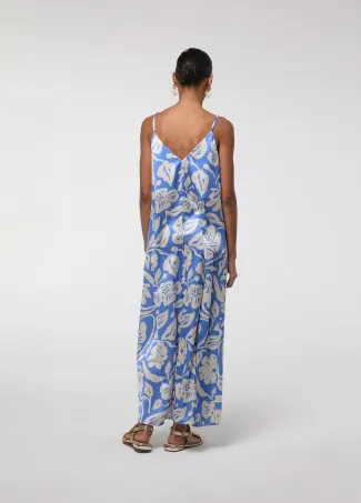 Blue printed satin spaghetti-strap dress