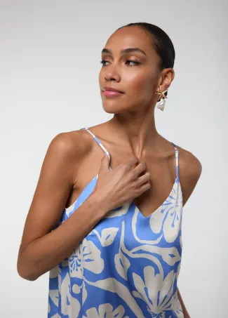Blue printed satin spaghetti-strap dress