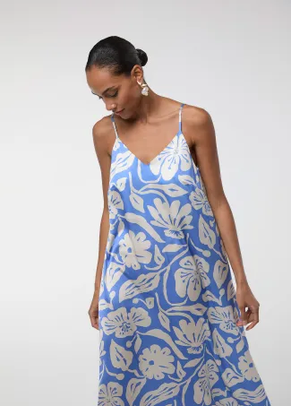 Blue printed satin spaghetti-strap dress