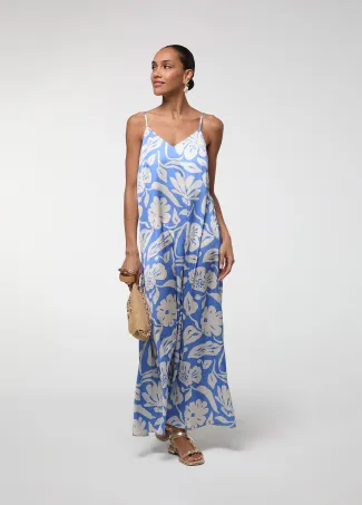 Blue printed satin spaghetti-strap dress