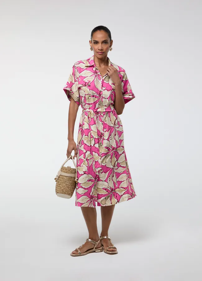 Vestido manga corta flor grande rosa